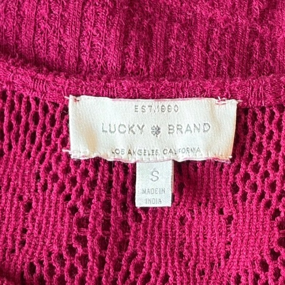Lucky Brand Magenta Pink Crochet Lace Yoke Gauze Top Short Sleeve Small - Picture 5 of 6